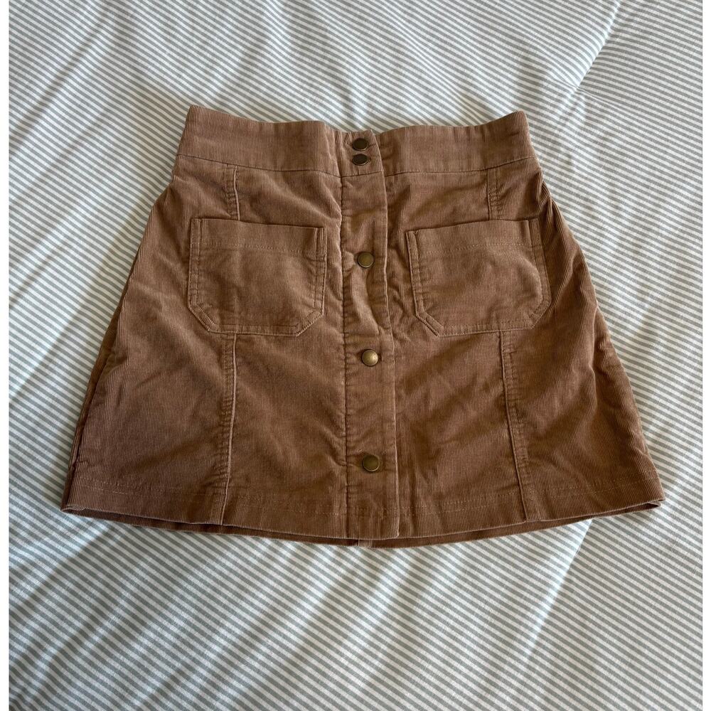 Above the Knee Brown Textured Skirt with Decorative Buttons and Front Pockets